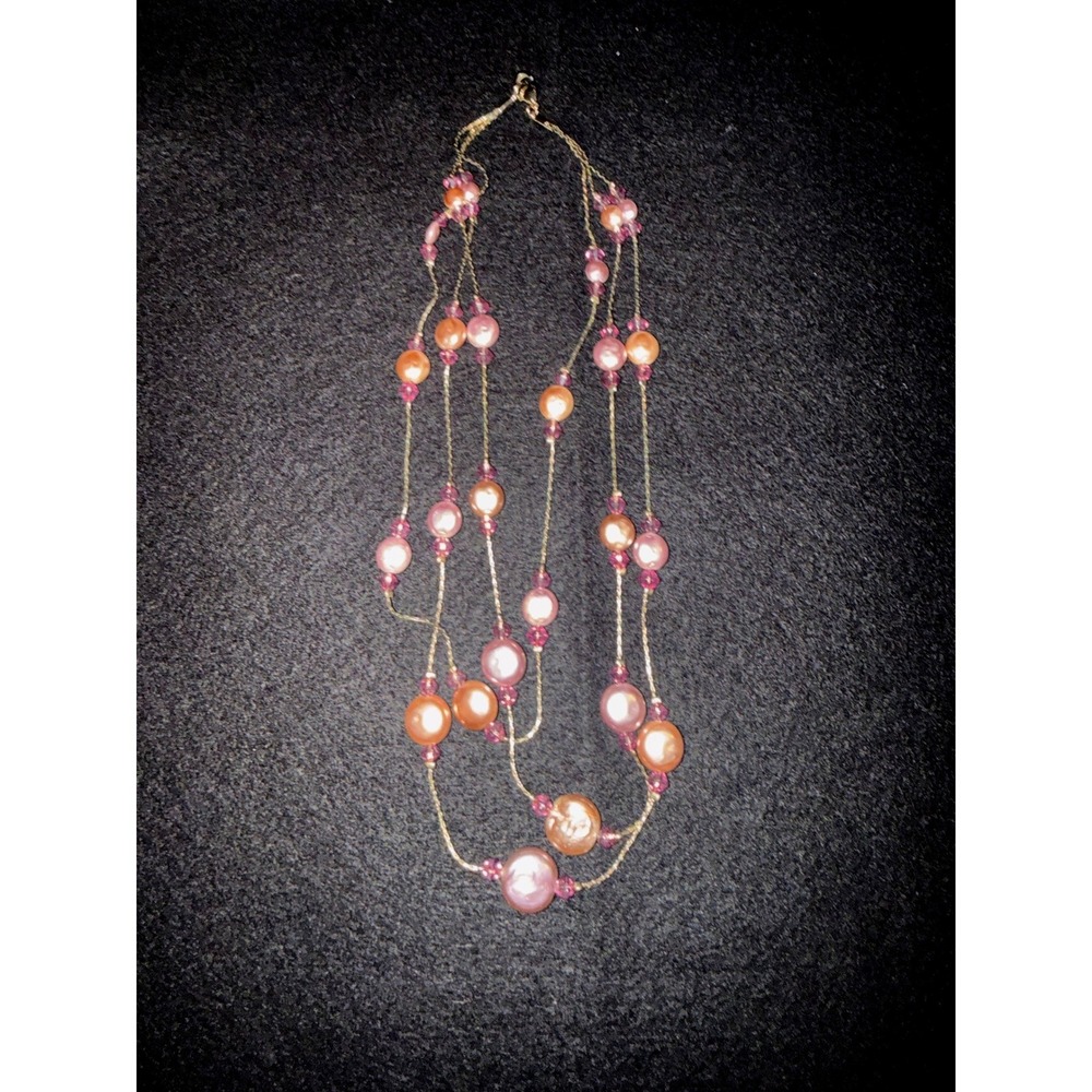 Vintage Pink/Peach Multi Strand Faux Pearl Beaded Necklace Gld Tone Triple Layer